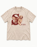 Soft Arrival Golden Retriever Washed Tee in Apricot, flat lay product photo