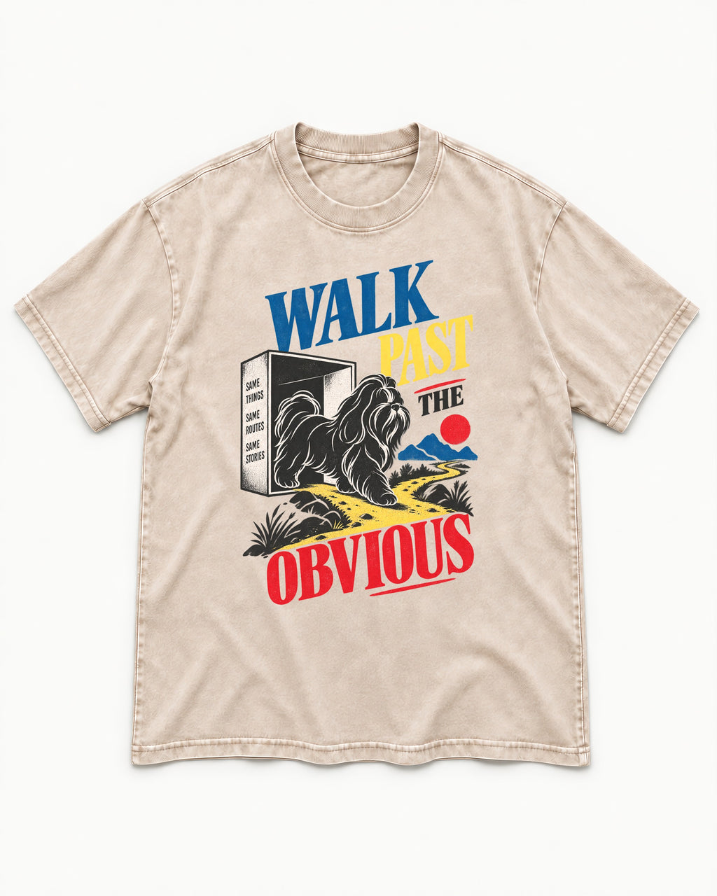 Shih Tzu Walk Past the Obvious Washed Tee in Apricot, flat lay product photo