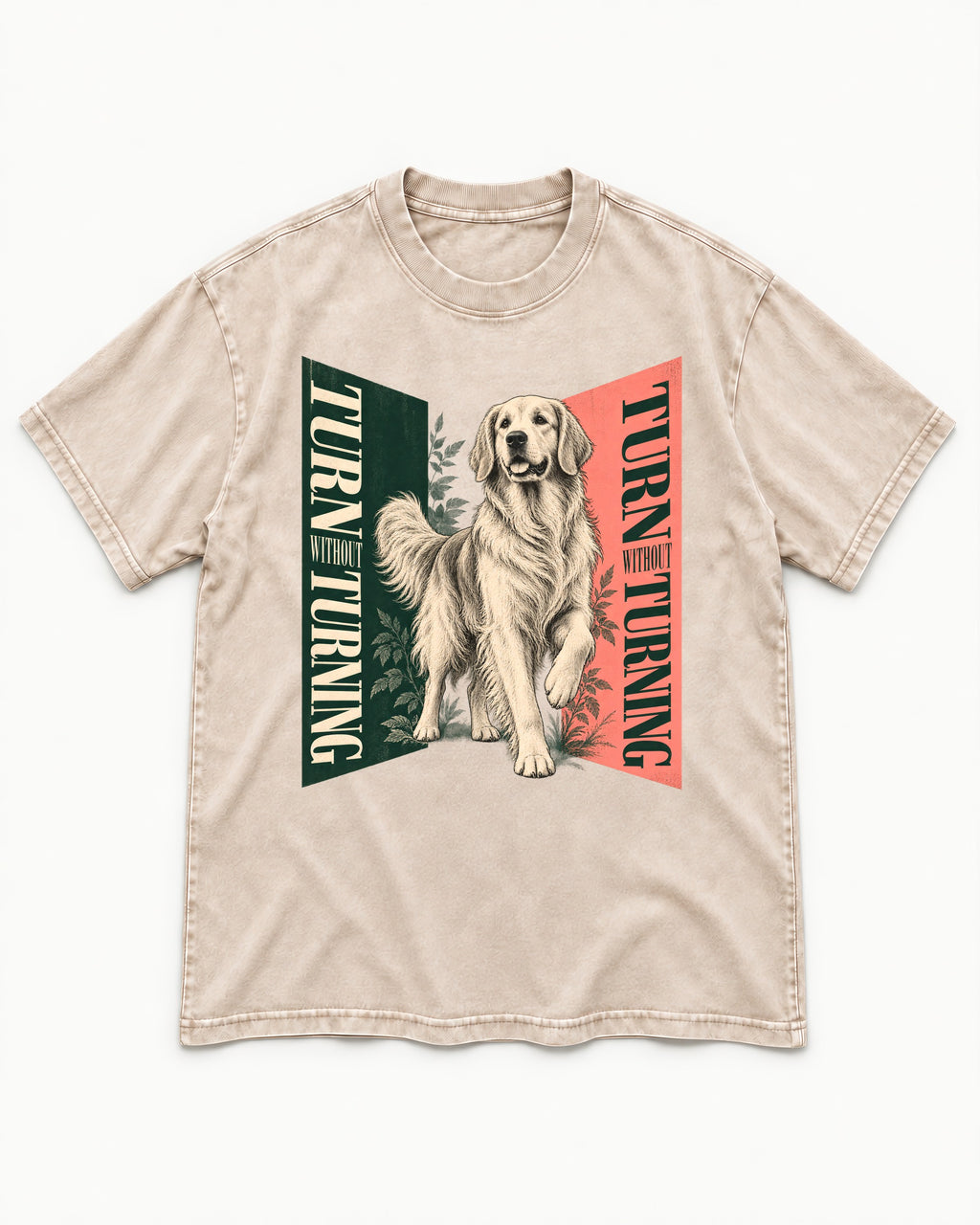 Golden Retriever Turn Without Turning Gateway Graphic Washed Tee in Apricot, flat lay product photo
