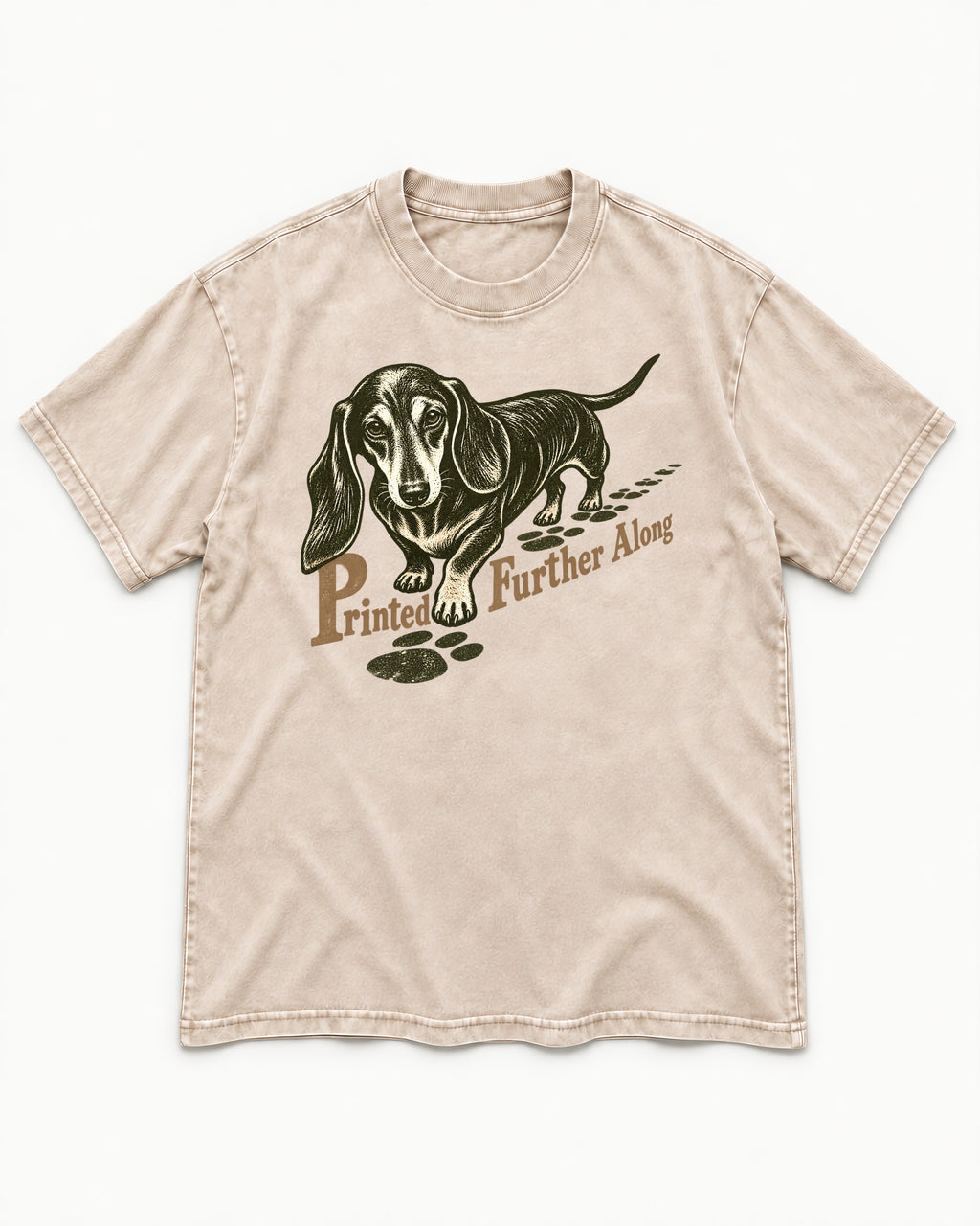 Dachshund Printed Further Along Footprint Graphic Washed Tee in Apricot, flat lay product photo