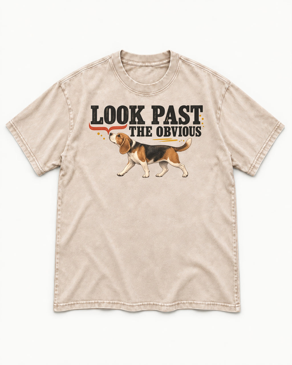 Beagle Look Past the Obvious Washed Tee in Apricot, flat lay product photo