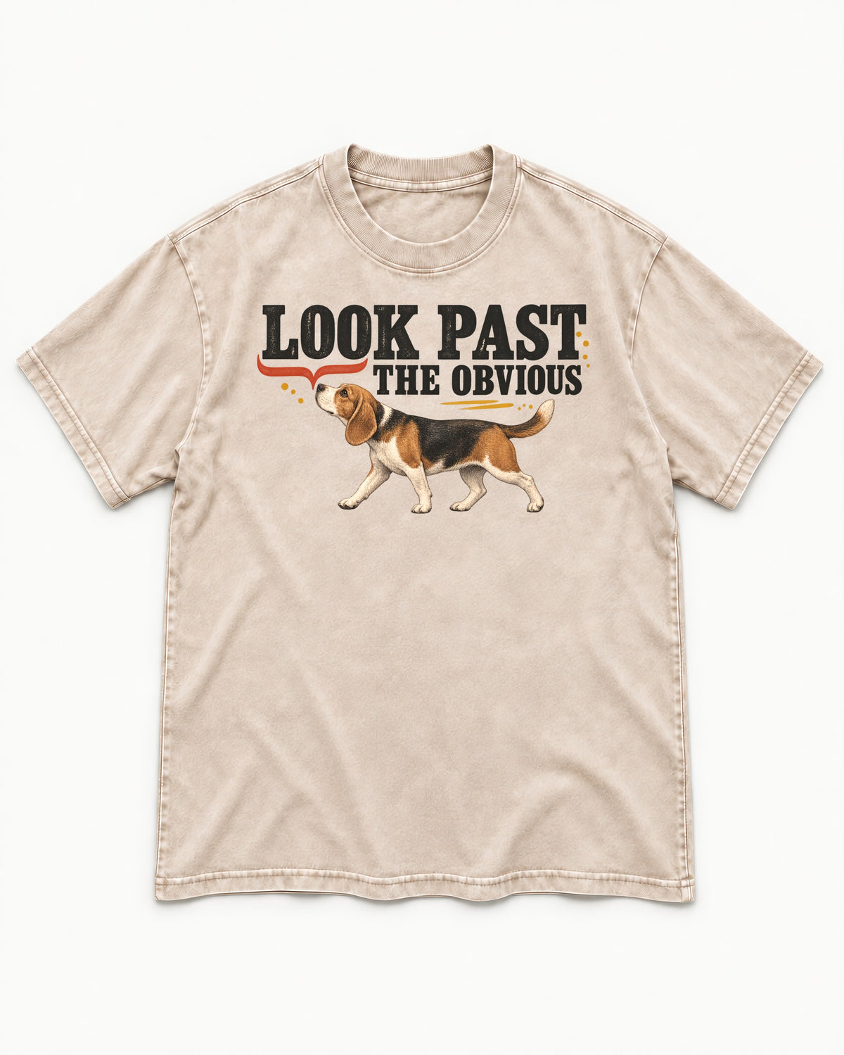 Beagle Look Past the Obvious Washed Tee in Apricot, flat lay product photo