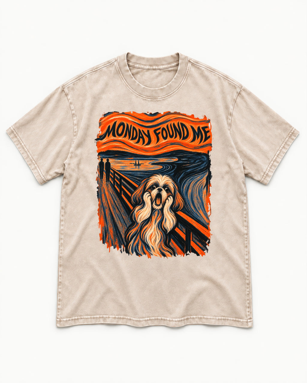 Shih Tzu Monday Found Me Scream Parody Graphic Washed Tee in Apricot, flat lay product photo