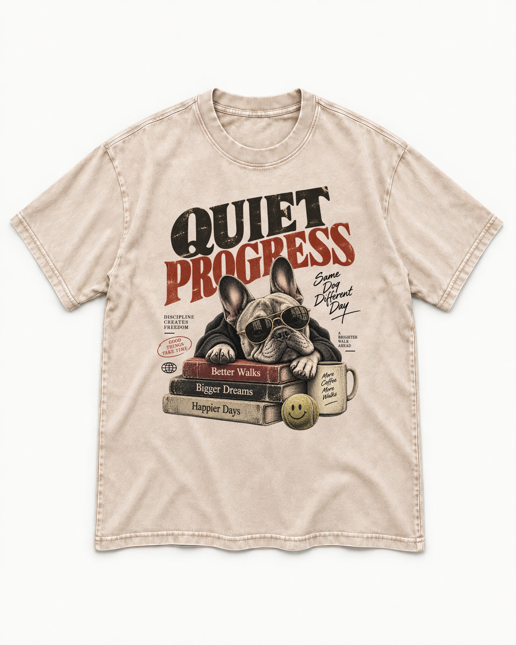 Quiet Progress Frenchie Washed Tee in Apricot, flat lay product photo