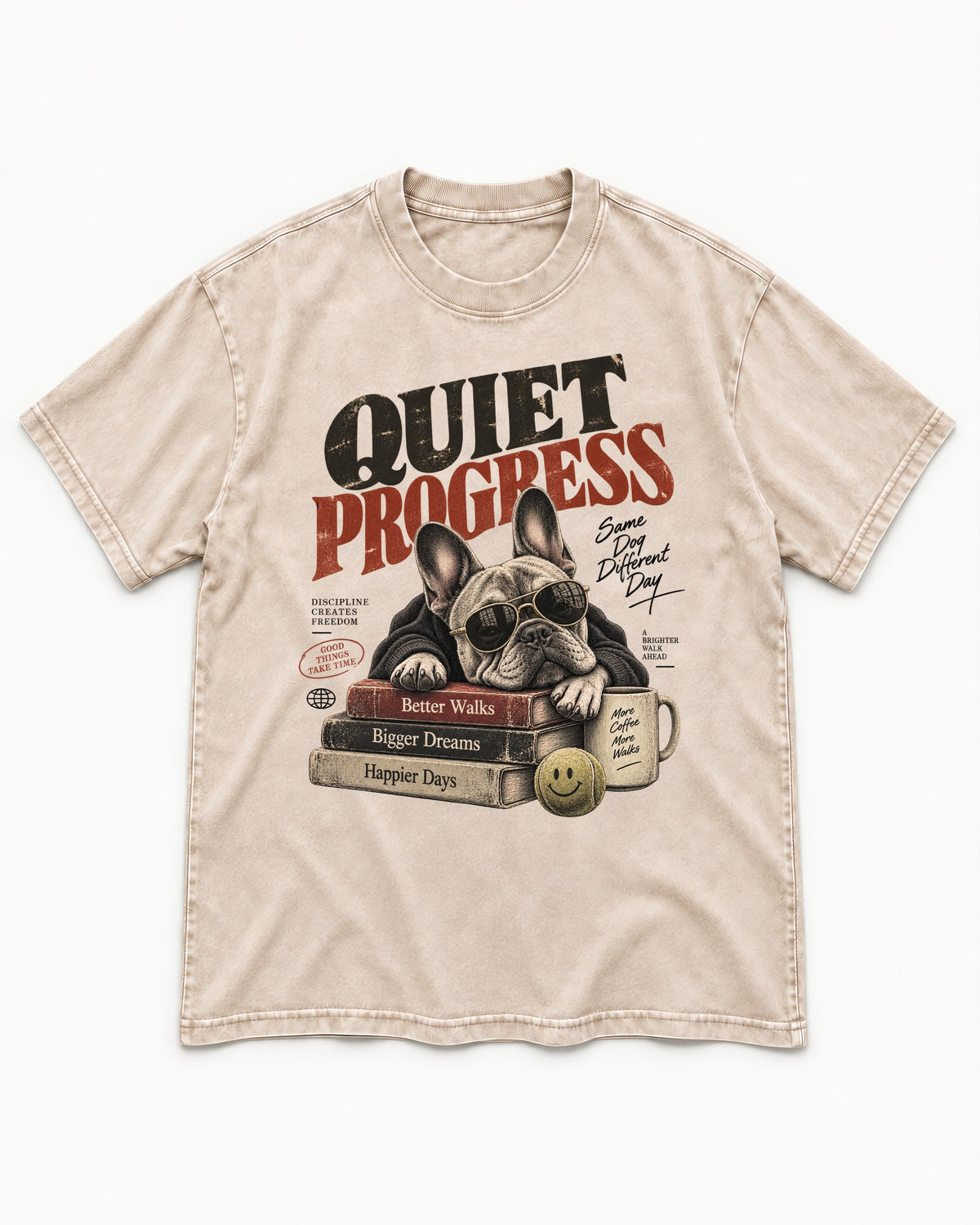 Quiet Progress Frenchie Washed Tee in Apricot, flat lay product photo