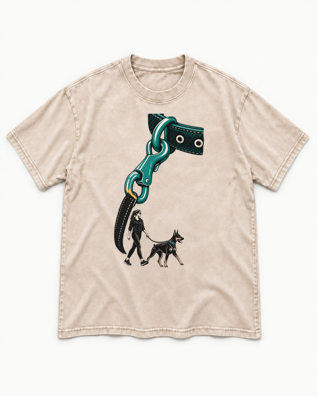 Doberman Oversized Leash Hardware Walk Graphic Washed Tee in Apricot, flat lay product photo