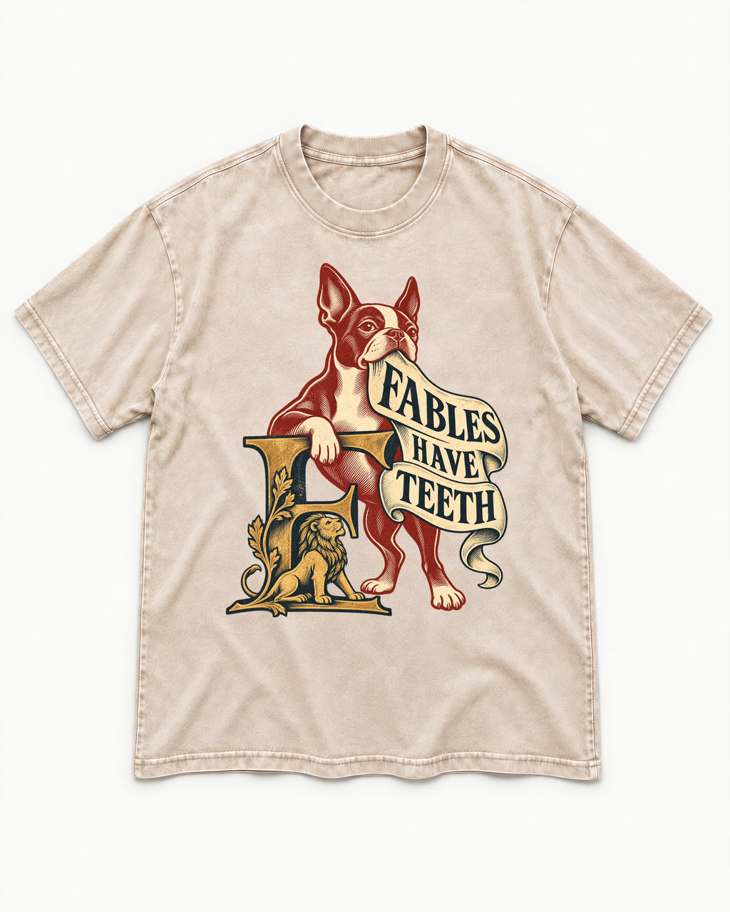 Boston Terrier Fables Have Teeth Washed Tee in Apricot, flat lay product photo