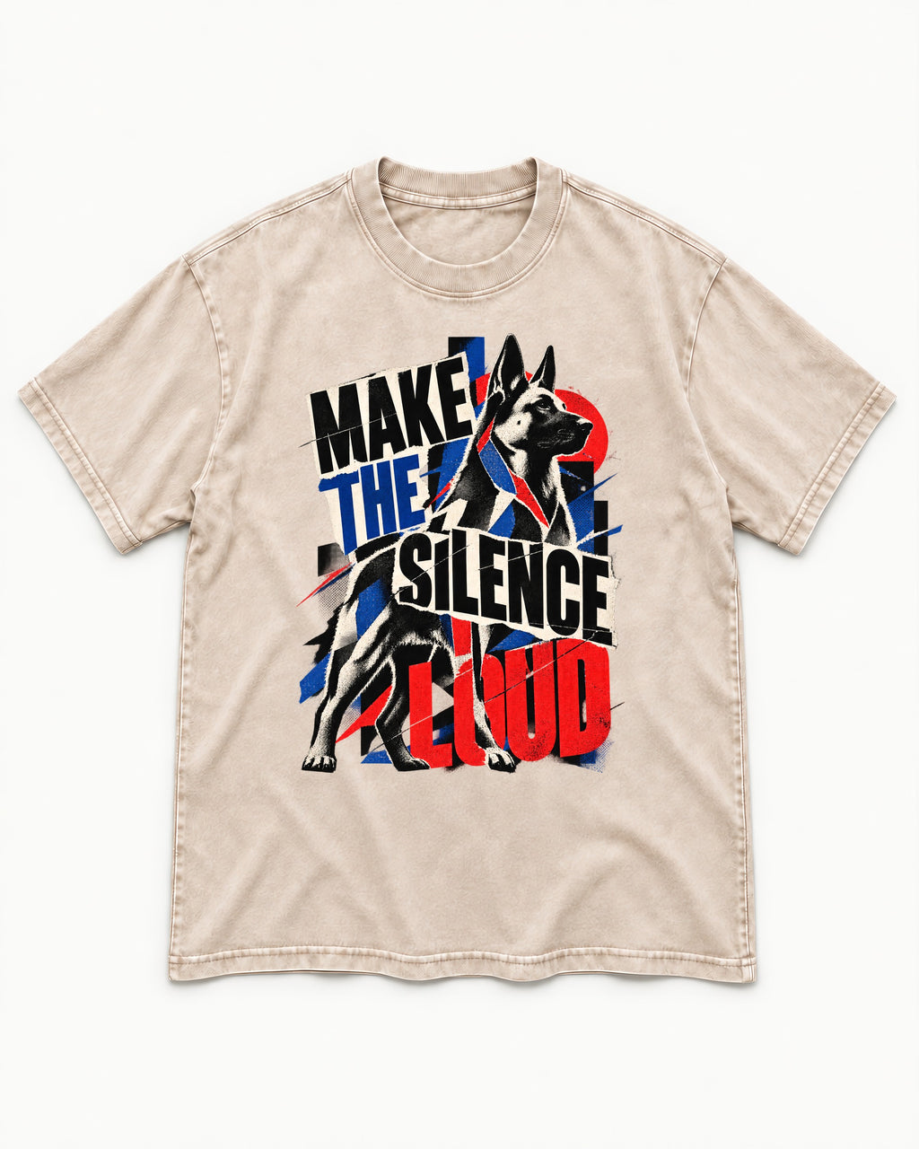 German Shepherd Dog Make the Silence Loud Washed Tee in Apricot, flat lay product photo