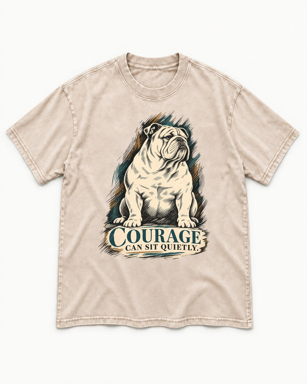 English Bulldog Courage Can Sit Quietly Washed Tee in Apricot, flat lay product photo