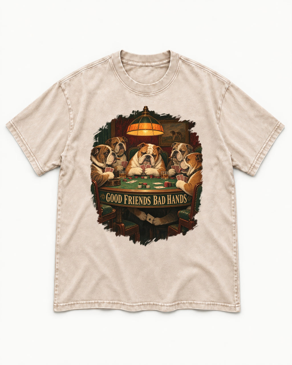 English Bulldog Good Friends Bad Hands Poker Graphic Washed Tee in Apricot, flat lay product photo