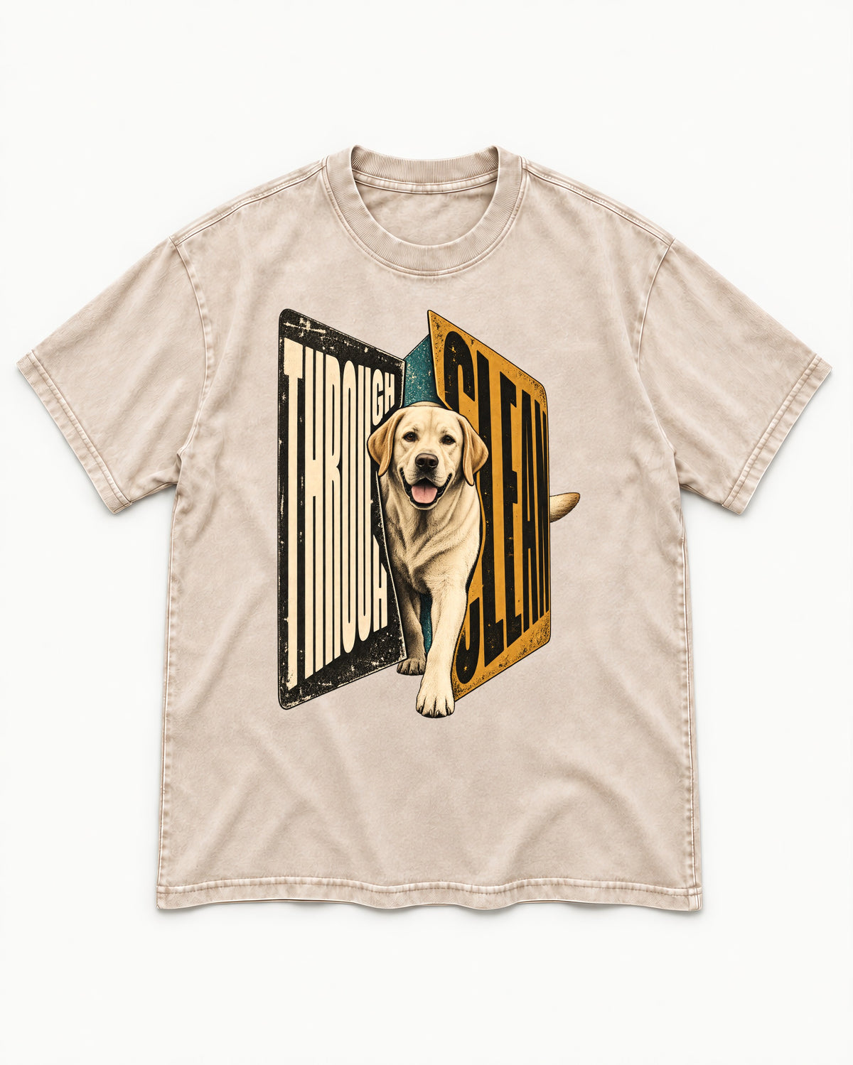 Labrador Retriever Through Steel Split Sign Graphic Washed Tee in Apricot, flat lay product photo
