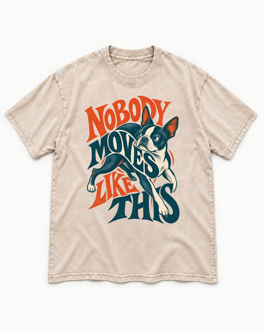 Nobody Moves Like This Boston Terrier Washed Tee in Apricot, flat lay product photo
