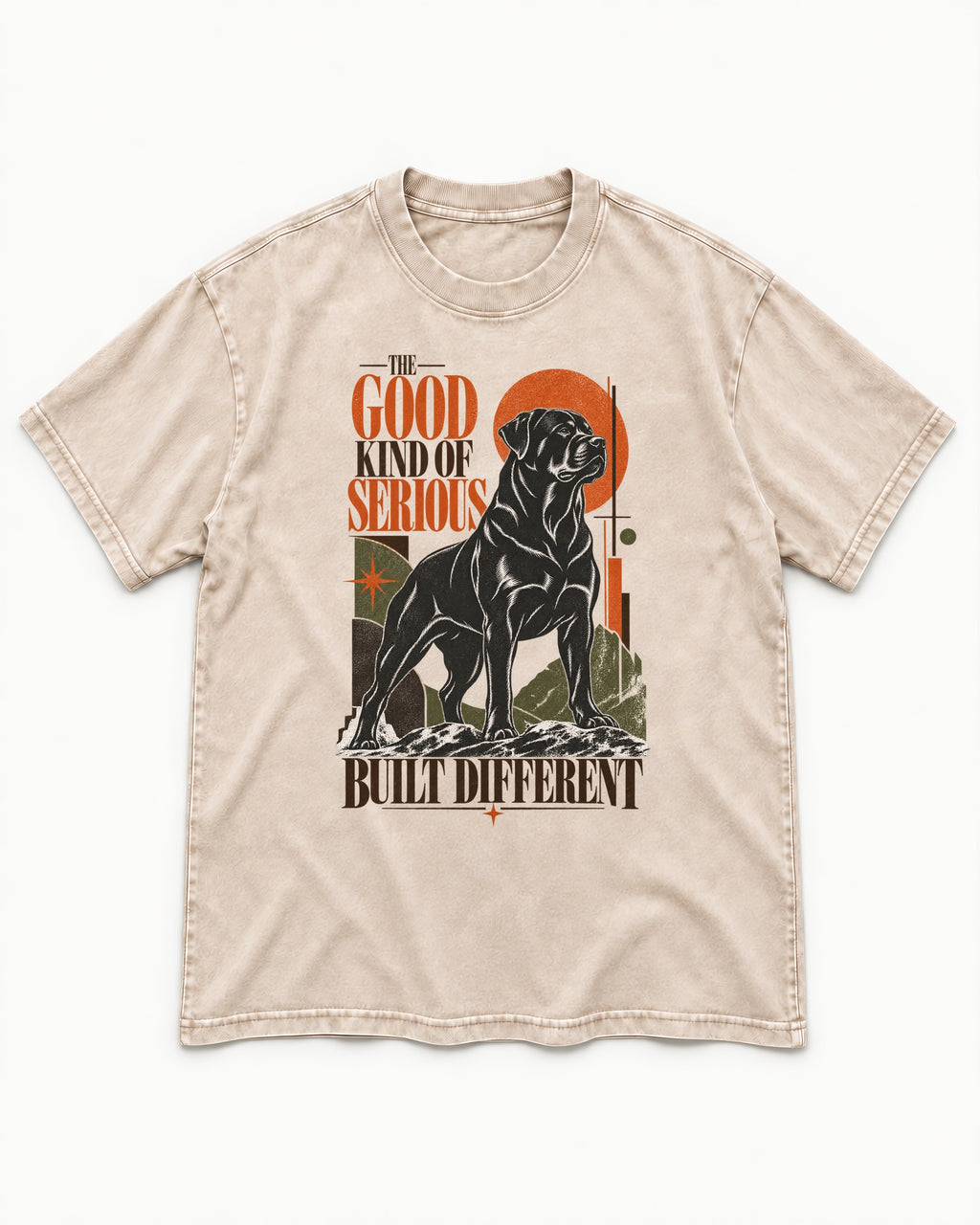 Rottweiler Built Different Washed Tee in Apricot, flat lay product photo