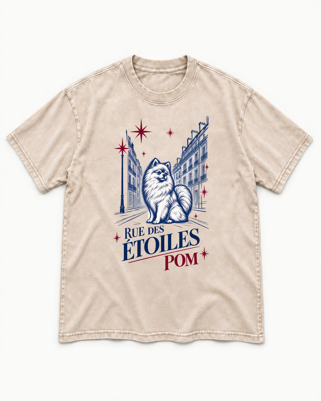 Pomeranian Among the Stars Washed Tee in Apricot, flat lay product photo