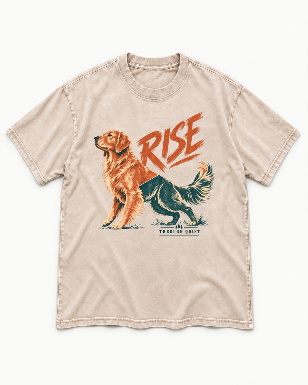 Golden Retriever Rise Through Quiet Washed Tee in Apricot, flat lay product photo
