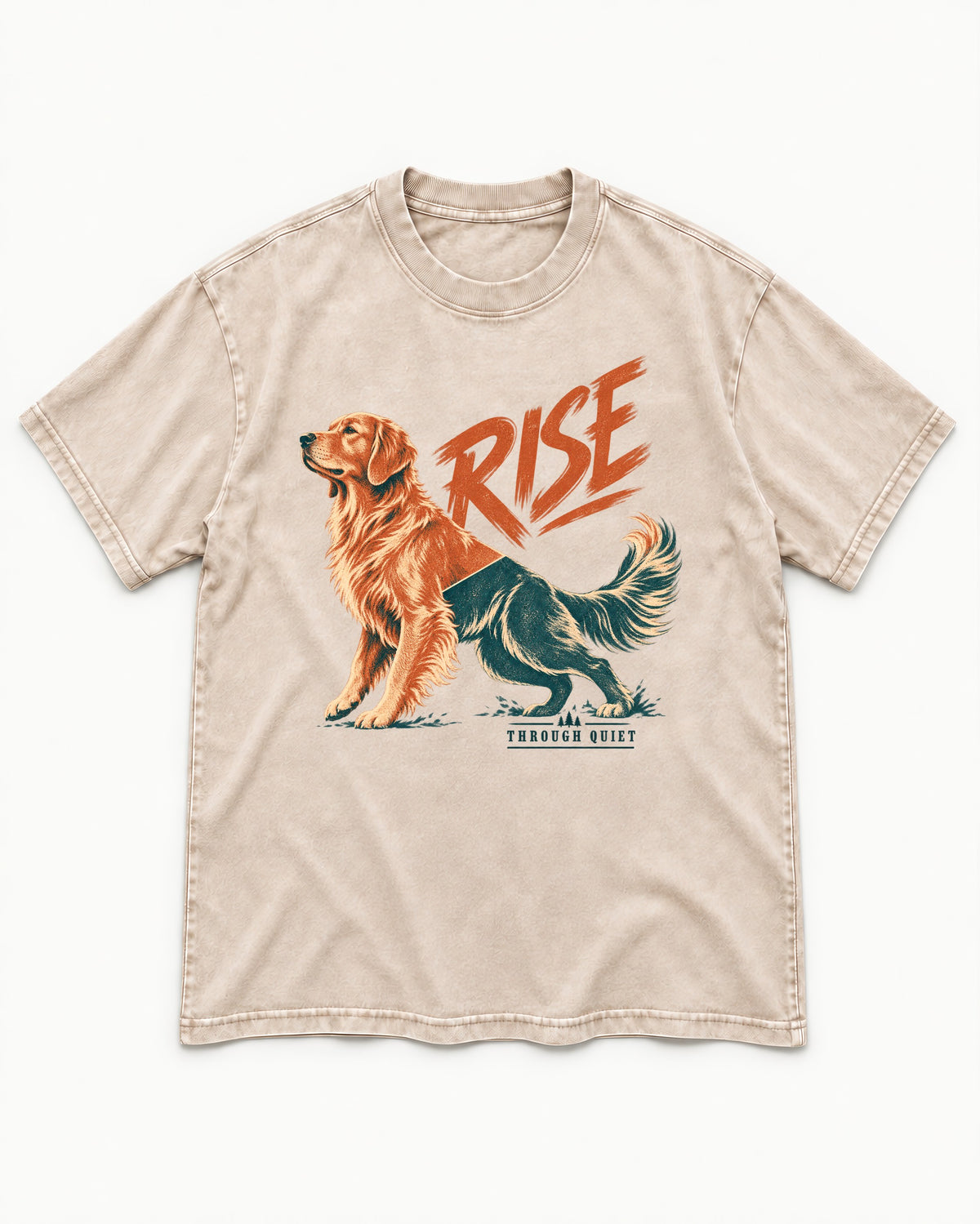 Golden Retriever Rise Through Quiet Washed Tee in Apricot, flat lay product photo