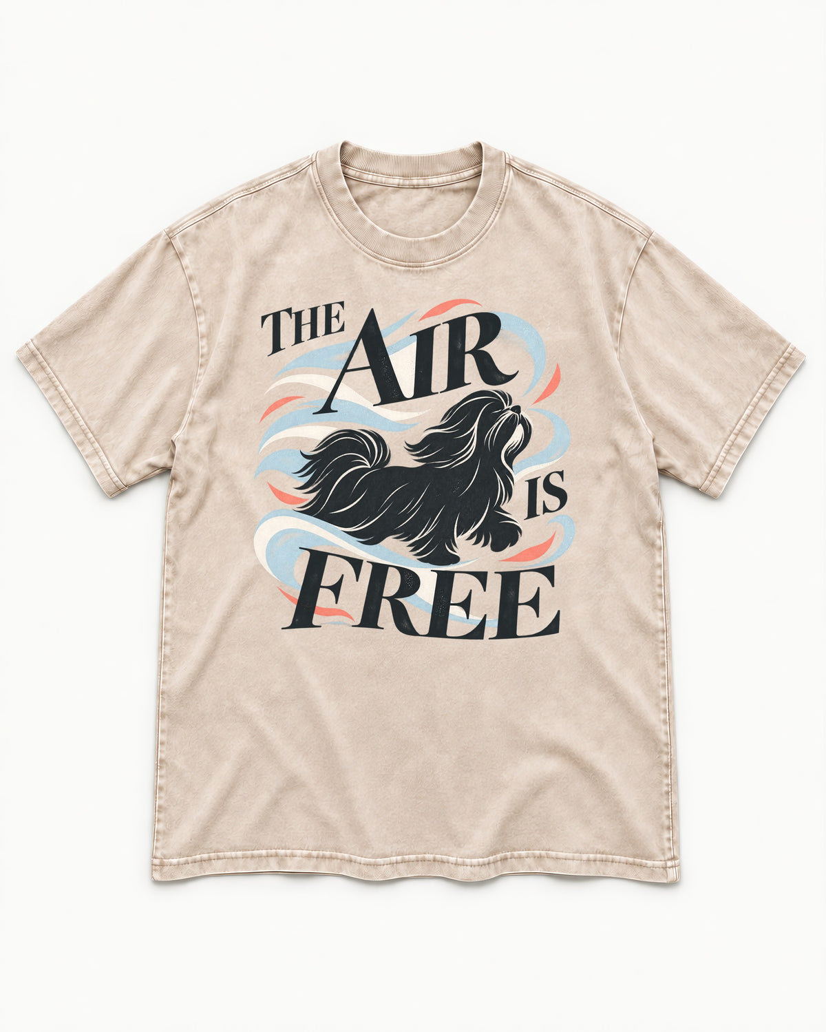 The Air Is Free Shih Tzu Washed Tee in Apricot, flat lay product photo
