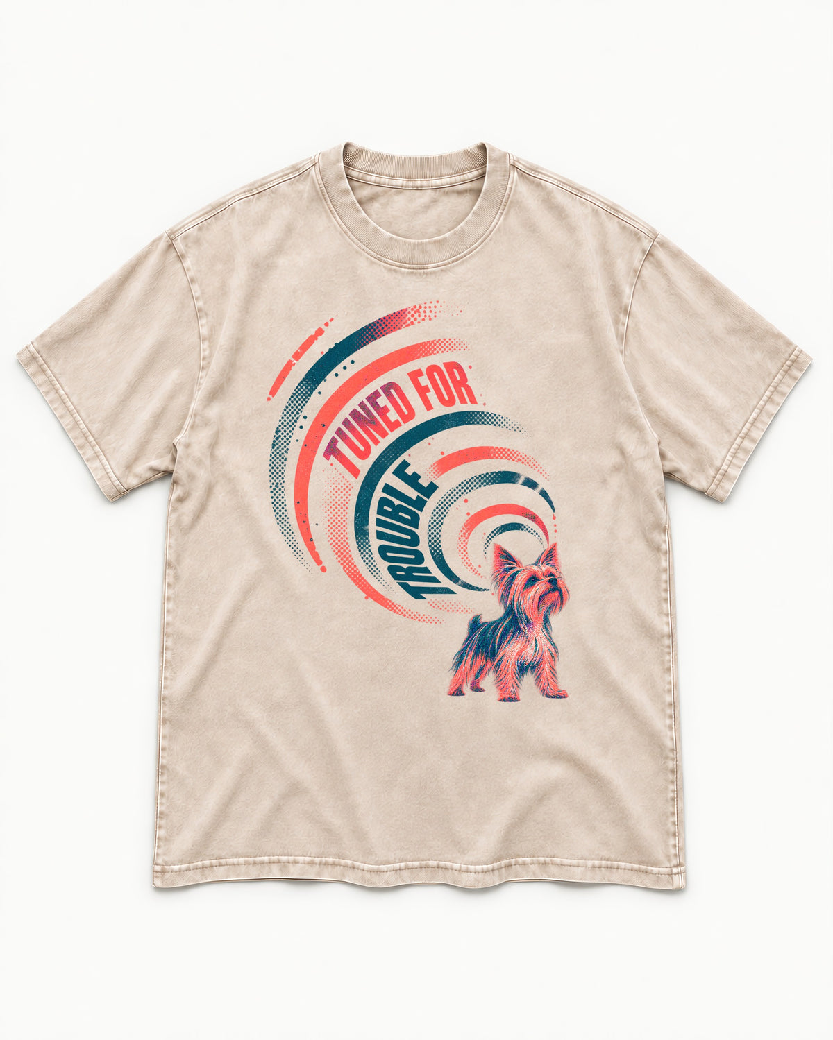 Yorkshire Terrier Tuned for Trouble Washed Tee in Apricot, flat lay product photo