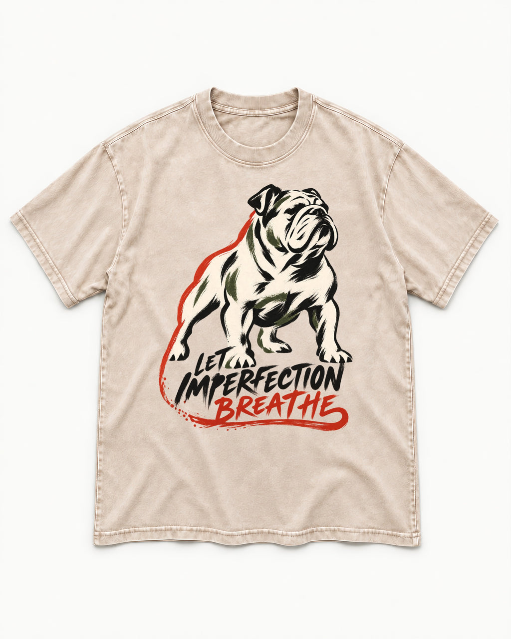 Let Imperfection Breathe English Bulldog Washed Tee in Apricot, flat lay product photo