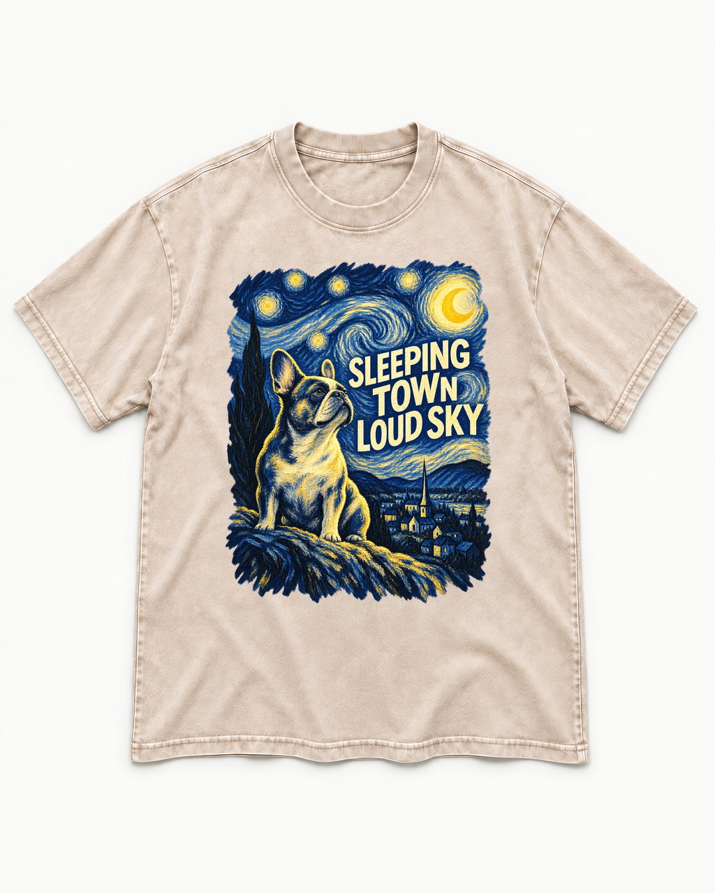 Frenchie Sleeping Town Loud Sky Graphic Washed Tee in Apricot, flat lay product photo