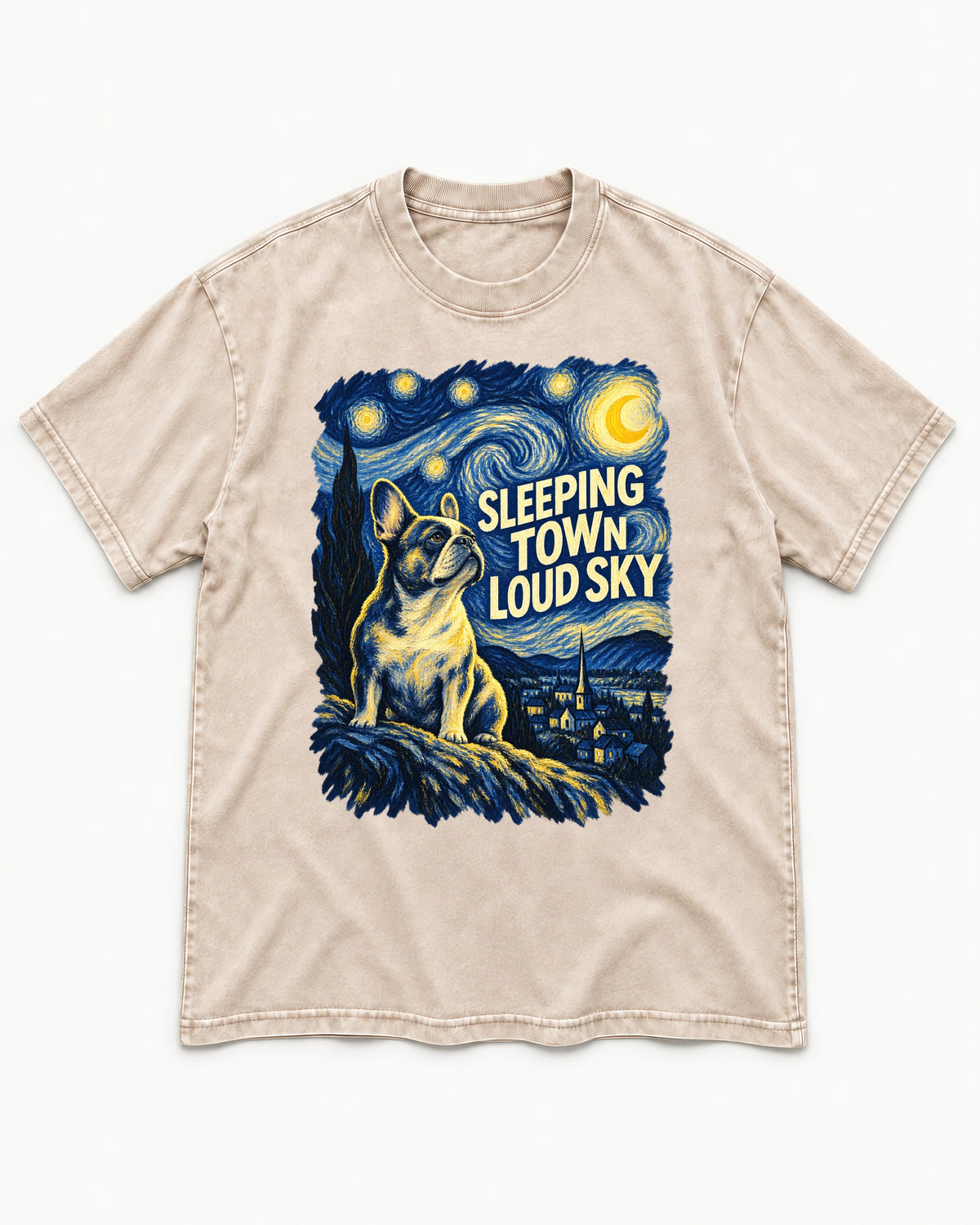 Frenchie Sleeping Town Loud Sky Graphic Washed Tee in Apricot, flat lay product photo