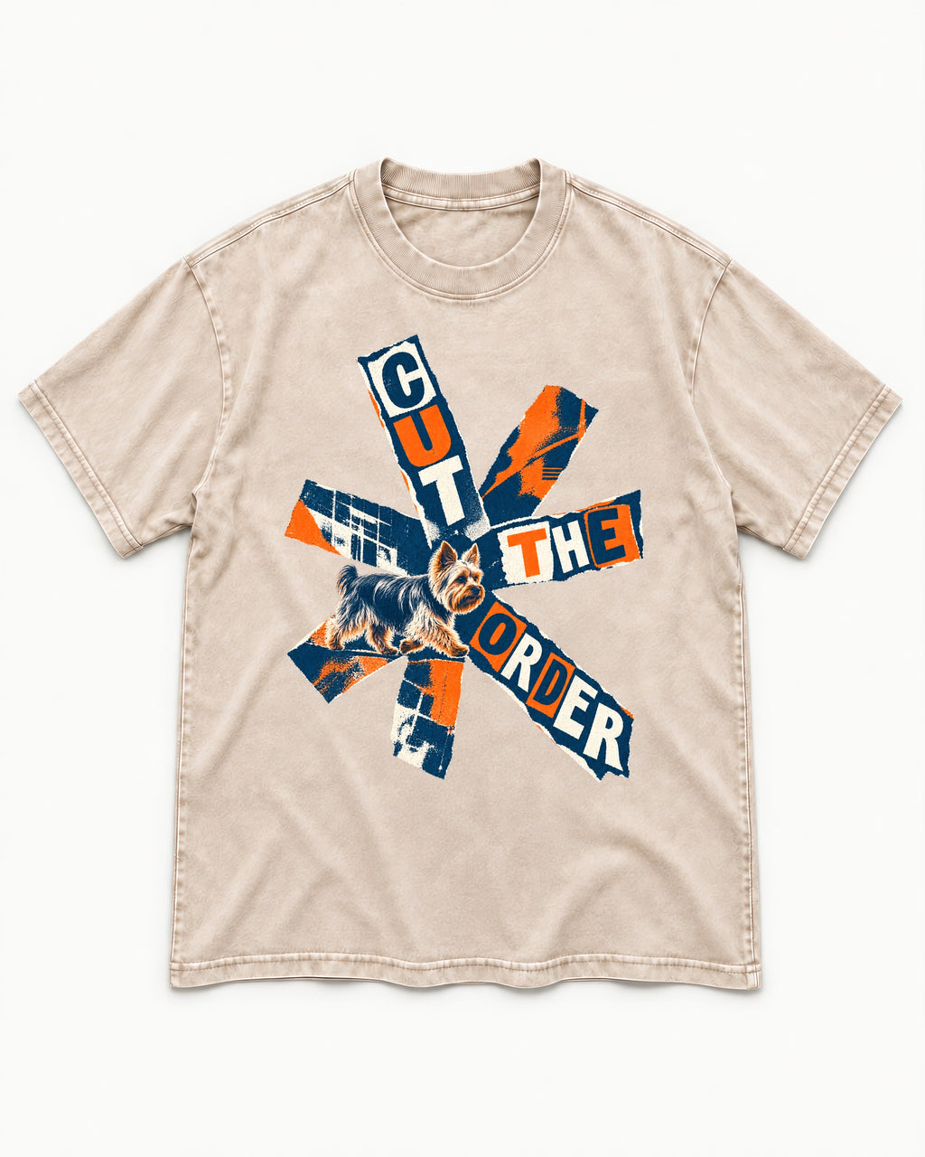 Yorkshire Terrier Cut the Order Radial Collage Graphic Washed Tee in Apricot, flat lay product photo