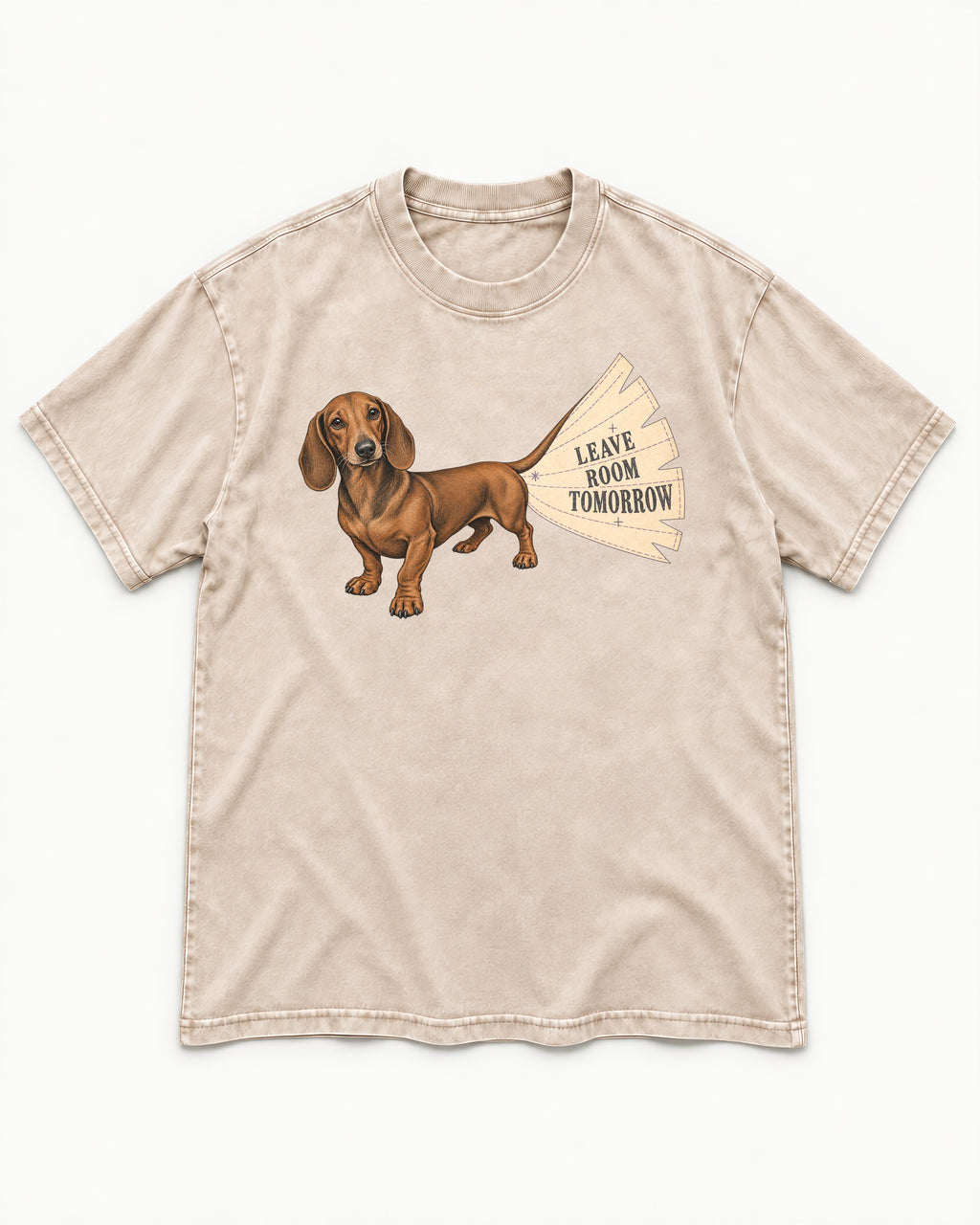 Dachshund Leave Room Tomorrow Washed Tee in Apricot, flat lay product photo