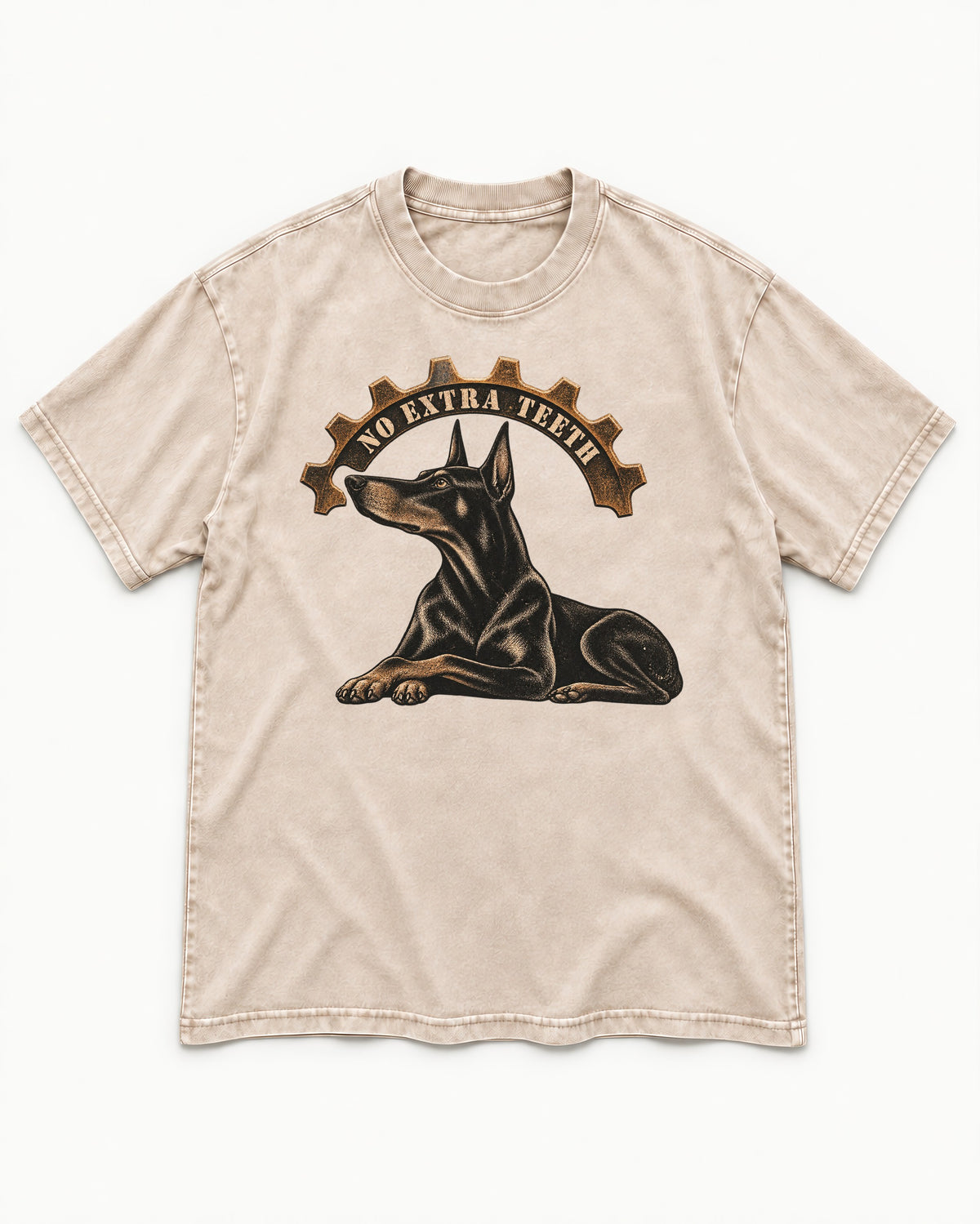 Doberman No Extra Teeth Gear Graphic Washed Tee in Apricot, flat lay product photo