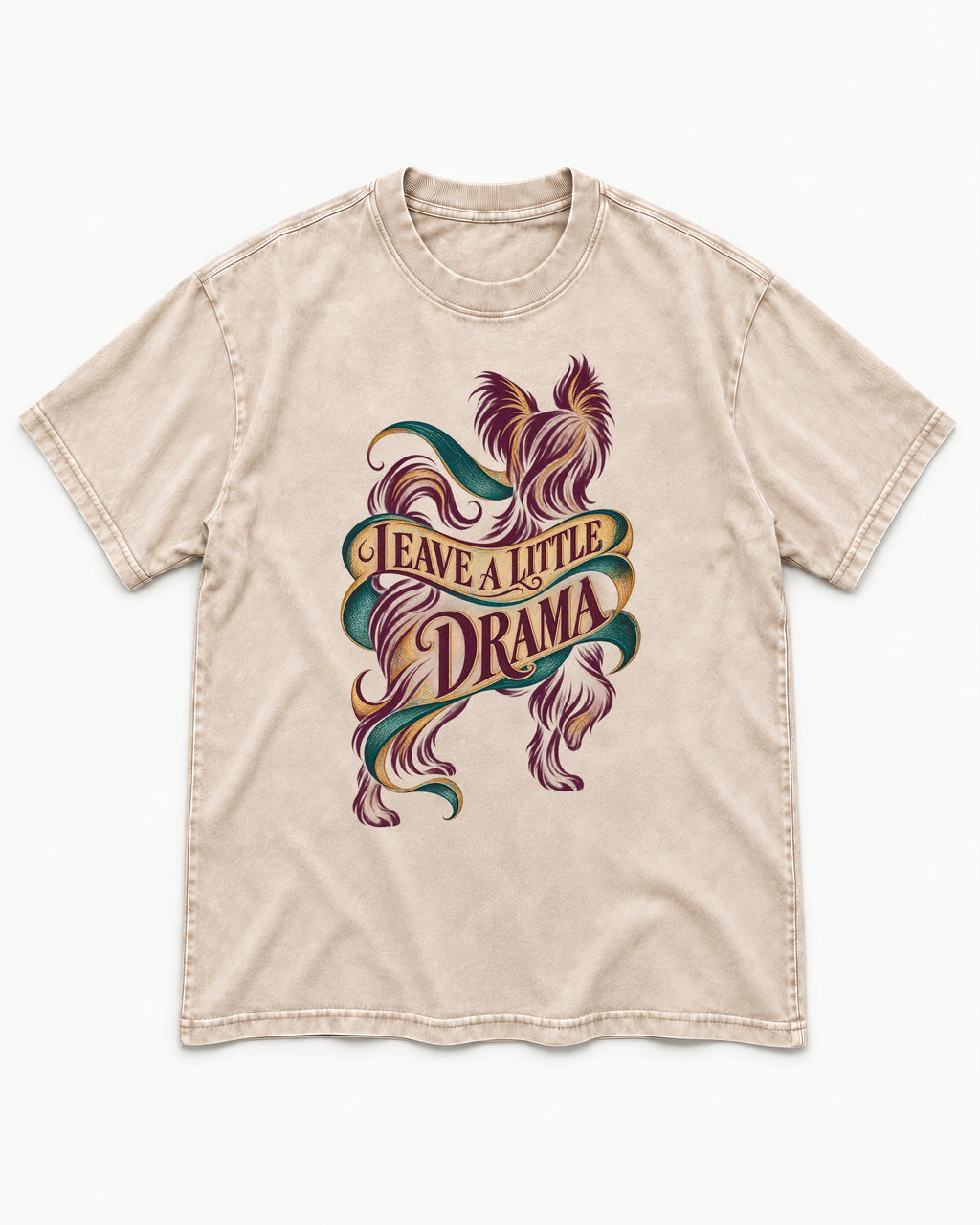 Leave a Little Drama Yorkshire Terrier Washed Tee in Apricot, flat lay product photo
