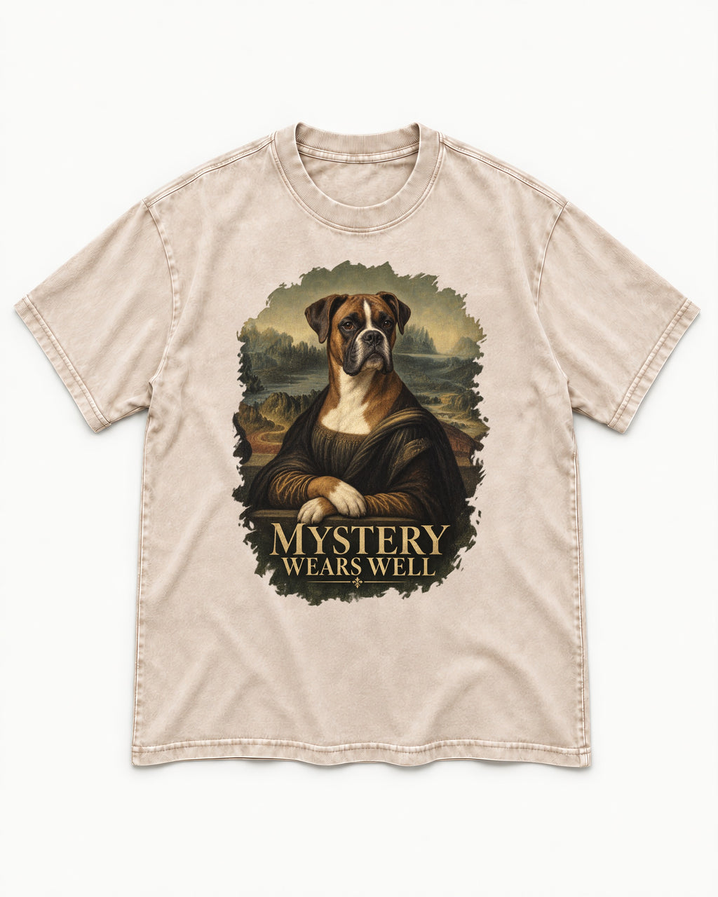 Mystery Wears Well Boxer Mona Lisa Portrait Washed Tee in Apricot, flat lay product photo