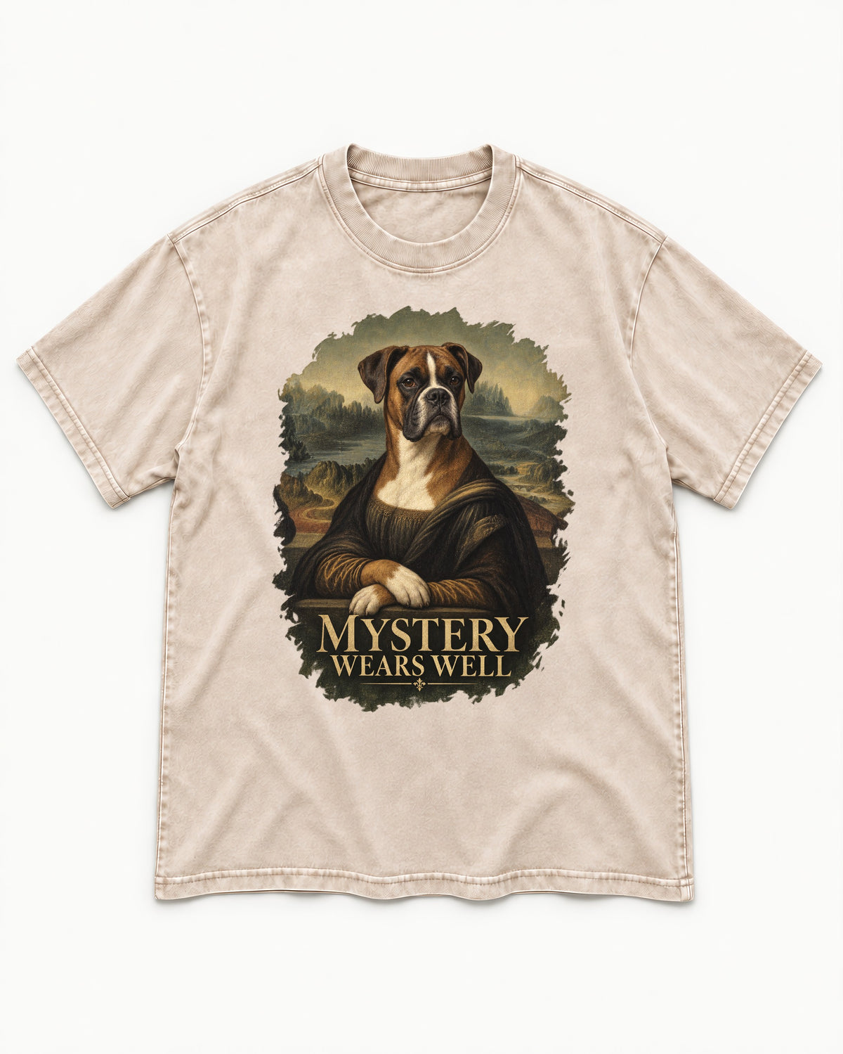 Mystery Wears Well Boxer Mona Lisa Portrait Washed Tee in Apricot, flat lay product photo