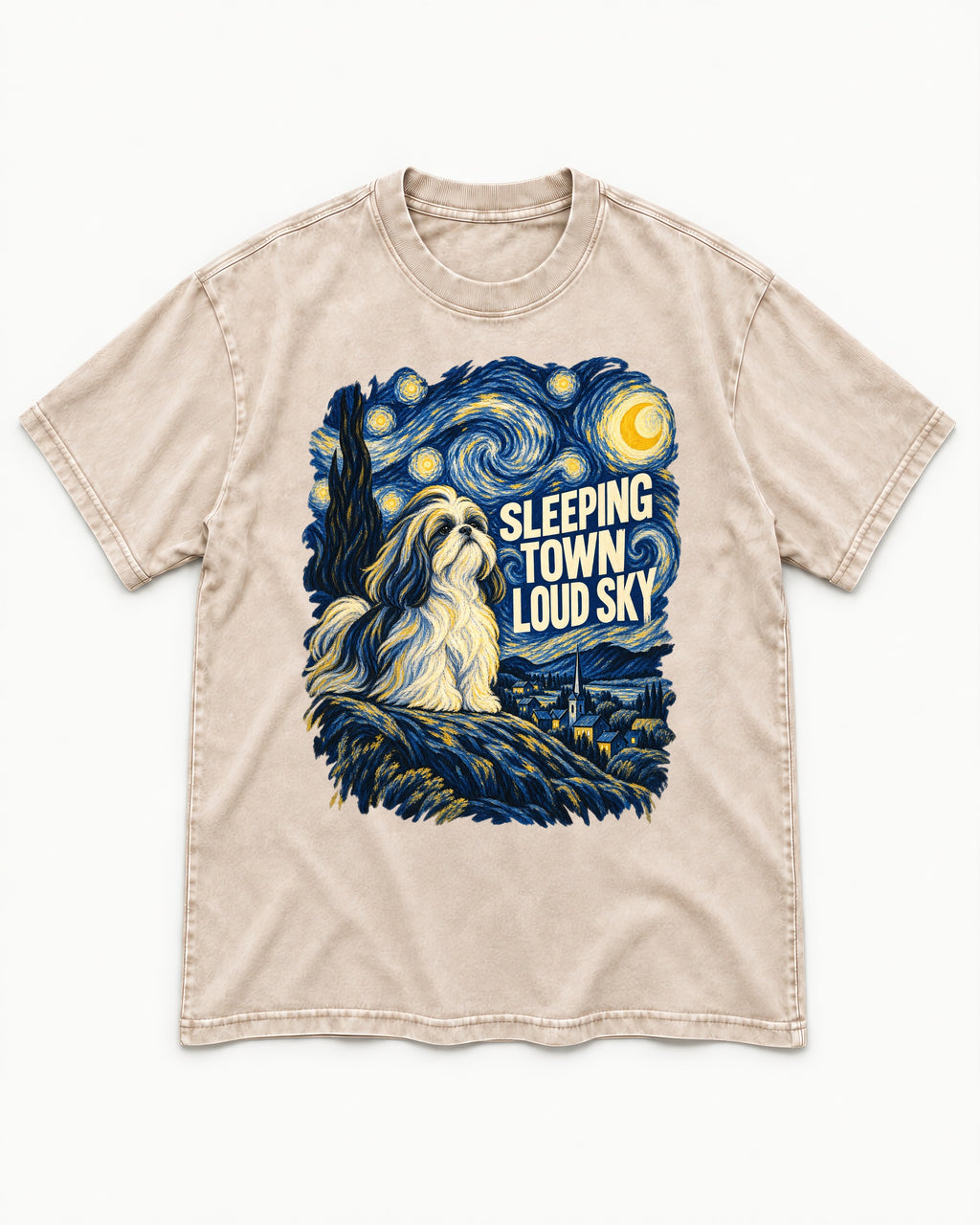 Shih Tzu Sleeping Town Loud Sky Swirling Night Graphic Washed Tee in Apricot, flat lay product photo