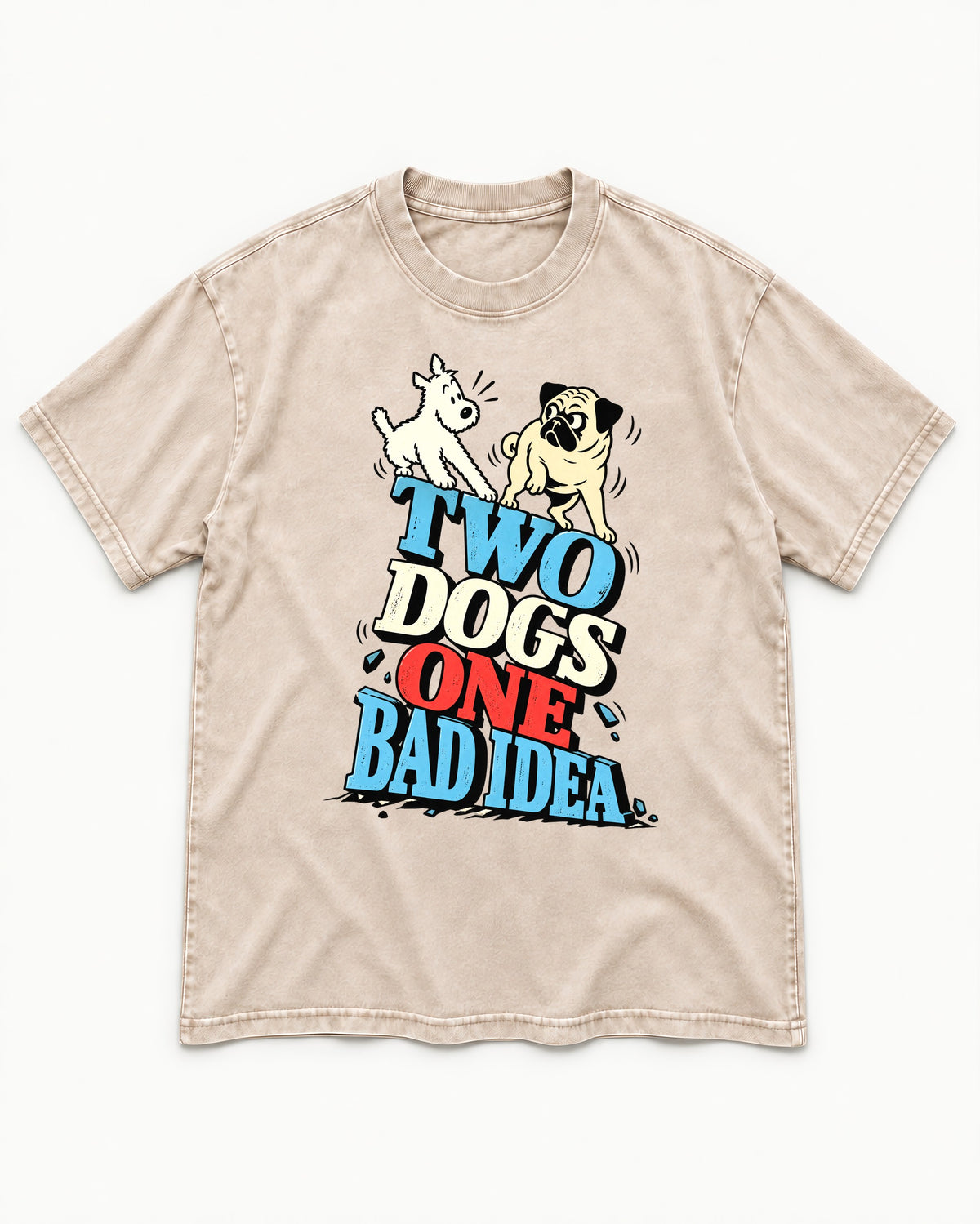 Pug Two Dogs One Bad Idea Graphic Washed Tee in Apricot, flat lay product photo