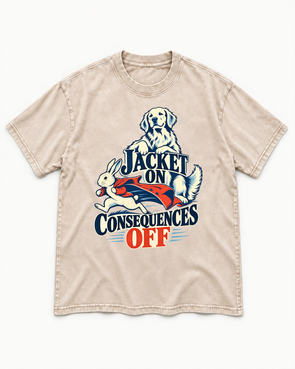 Golden Retriever Jacket On Consequences Off Rabbit Chase Graphic Washed Tee in Apricot, flat lay product photo