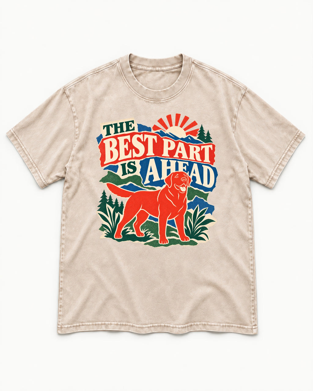 Labrador Retriever The Best Part Is Ahead Outdoor Graphic Washed Tee in Apricot, flat lay product photo