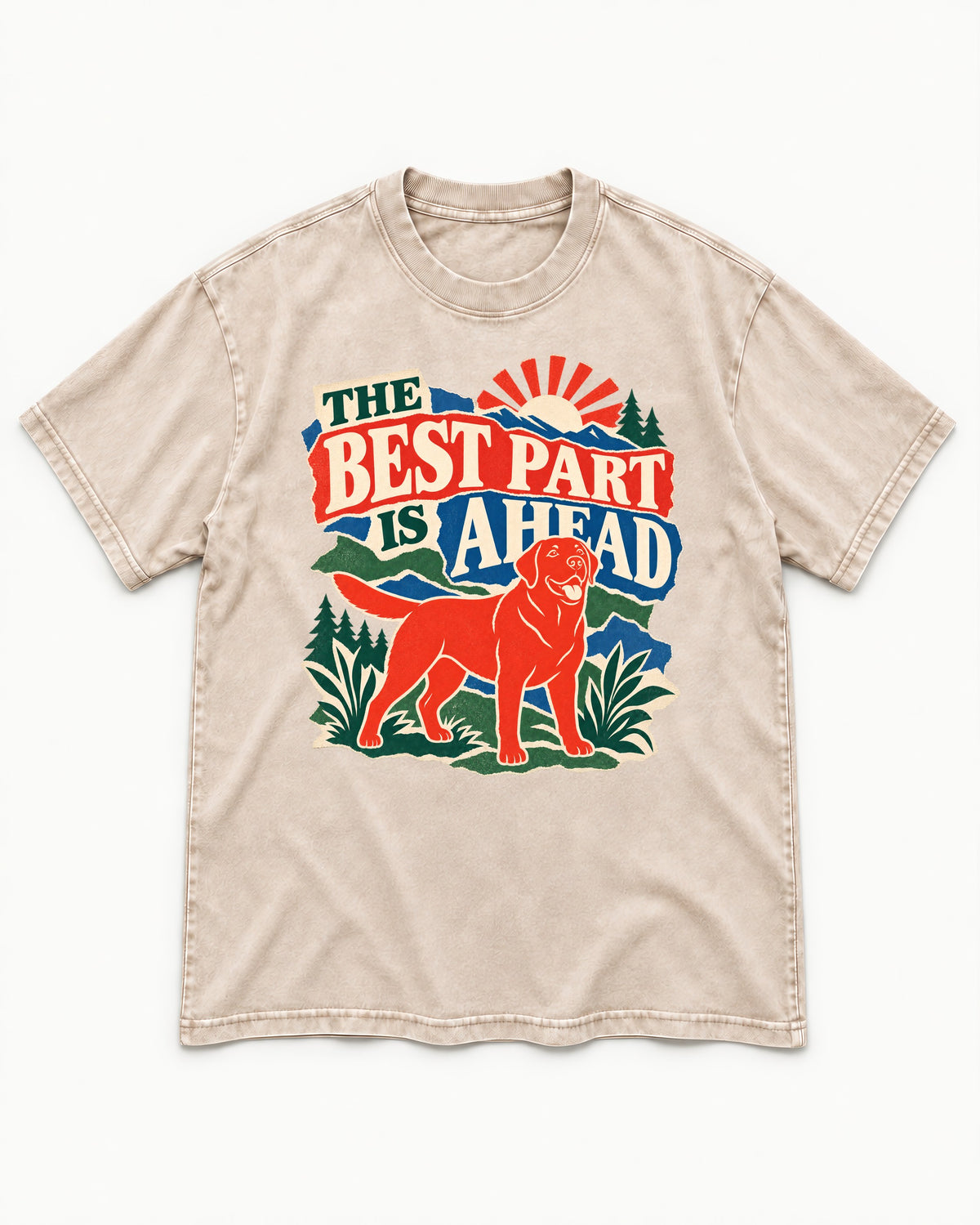 Labrador Retriever The Best Part Is Ahead Outdoor Graphic Washed Tee in Apricot, flat lay product photo
