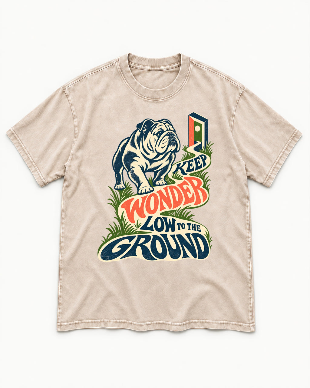 Keep Wonder Low to the Ground English Bulldog Graphic Washed Tee in Apricot, flat lay product photo