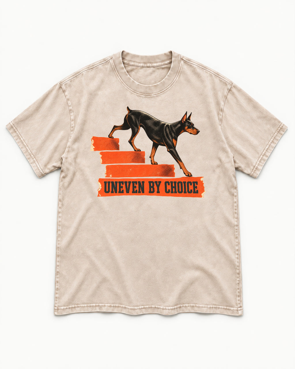 Doberman Uneven by Choice Stair Graphic Washed Tee in Apricot, flat lay product photo