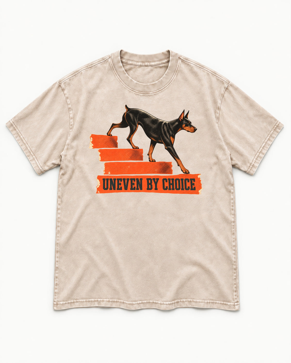 Doberman Uneven by Choice Stair Graphic Washed Tee in Apricot, flat lay product photo