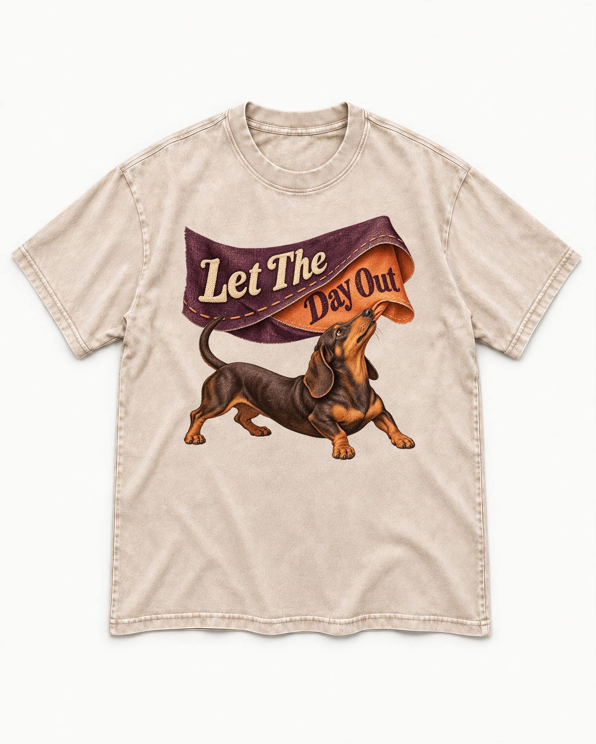 Dachshund Let The Day Out Fabric Banner Graphic Washed Tee in Apricot, flat lay product photo