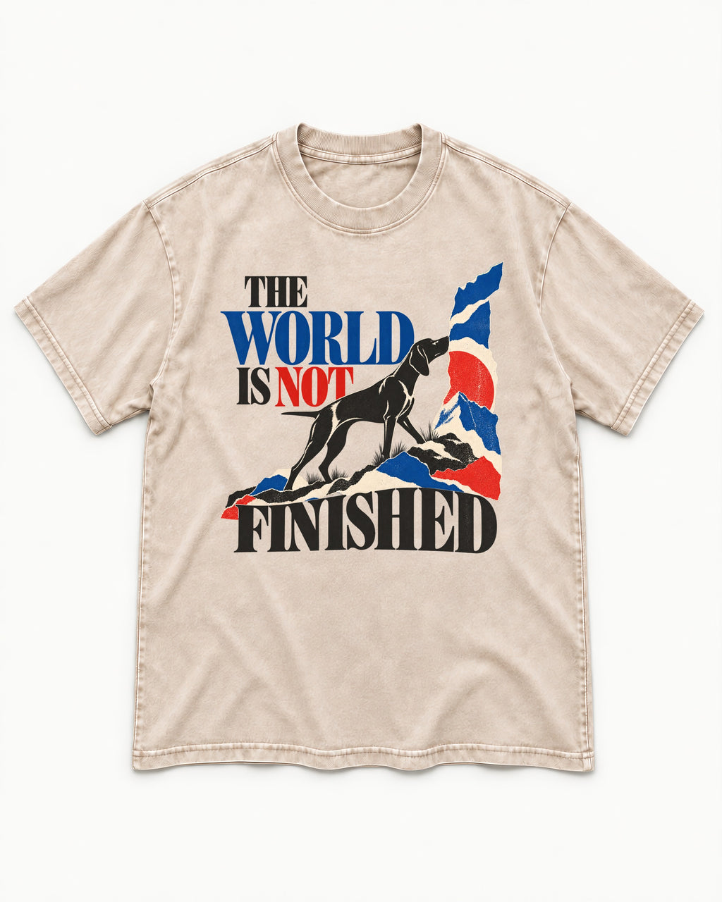 World Is Not Finished German Shorthaired Pointer Washed Tee in Apricot, flat lay product photo
