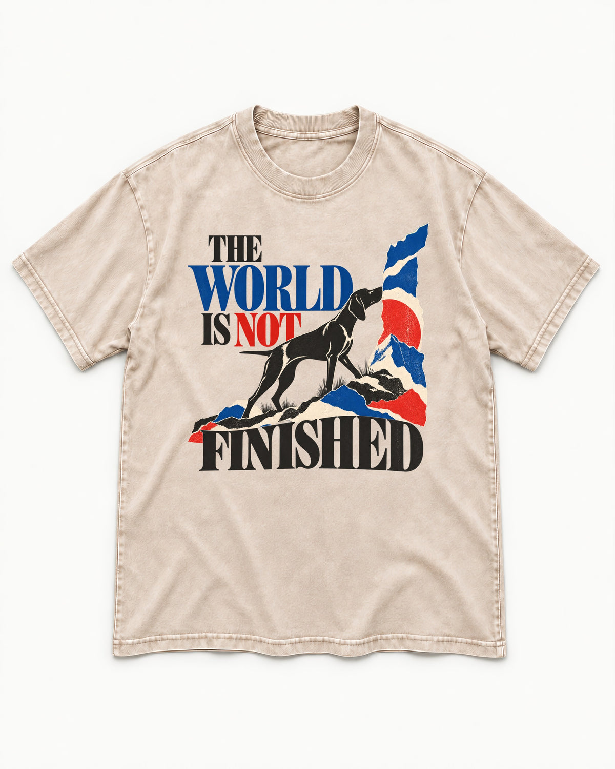 World Is Not Finished German Shorthaired Pointer Washed Tee in Apricot, flat lay product photo
