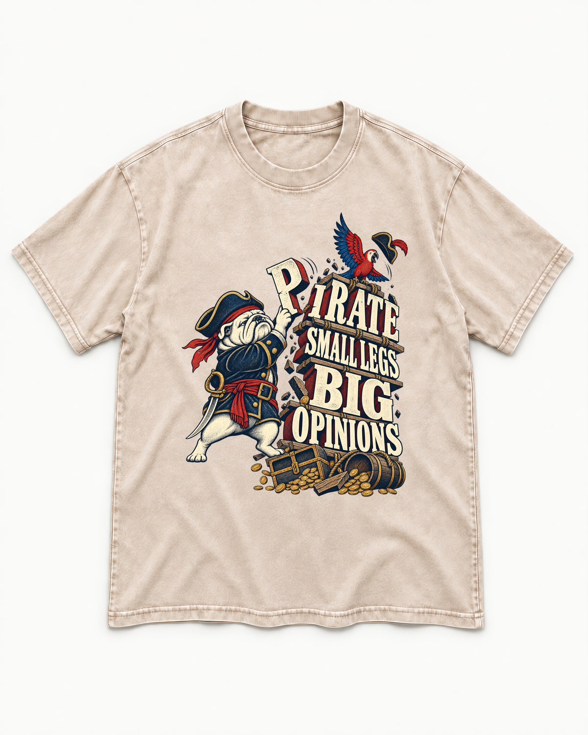 Pirate English Bulldog Big Opinions Washed Tee in Apricot, flat lay product photo