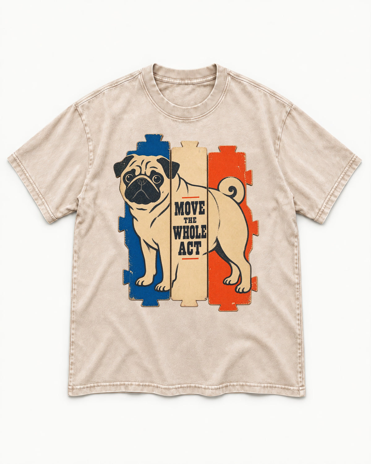 Pug Move the Whole Act Color Block Graphic Washed Tee in Apricot, flat lay product photo