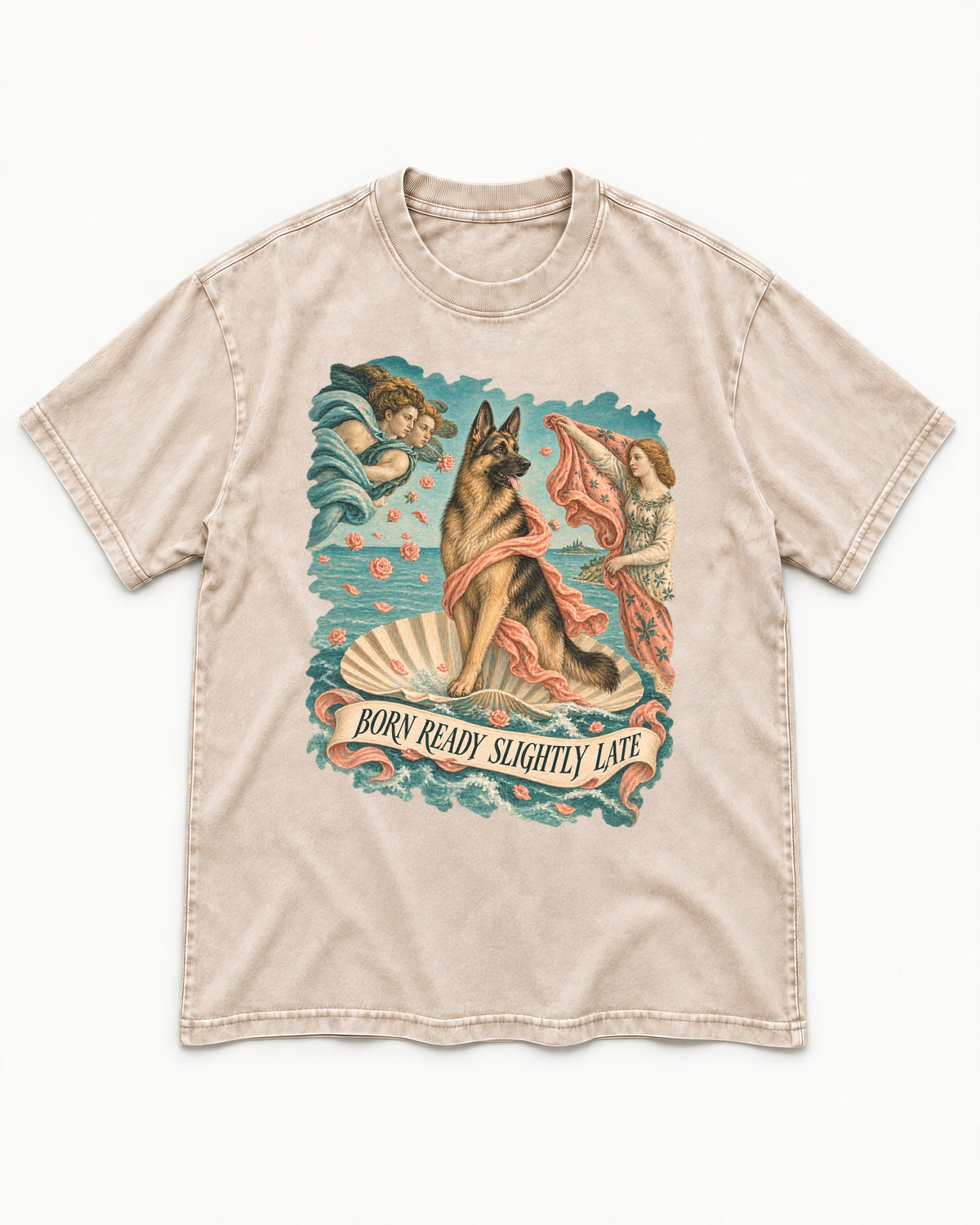 German Shepherd Dog Born Ready Slightly Late Venus Graphic Washed Tee in Apricot, flat lay product photo