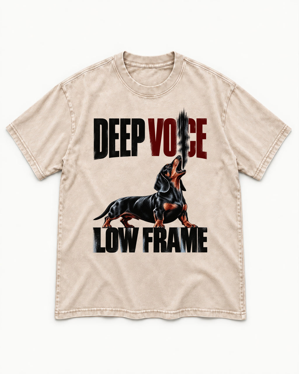 Deep Voice Low Frame Dachshund Washed Tee in Apricot, flat lay product photo
