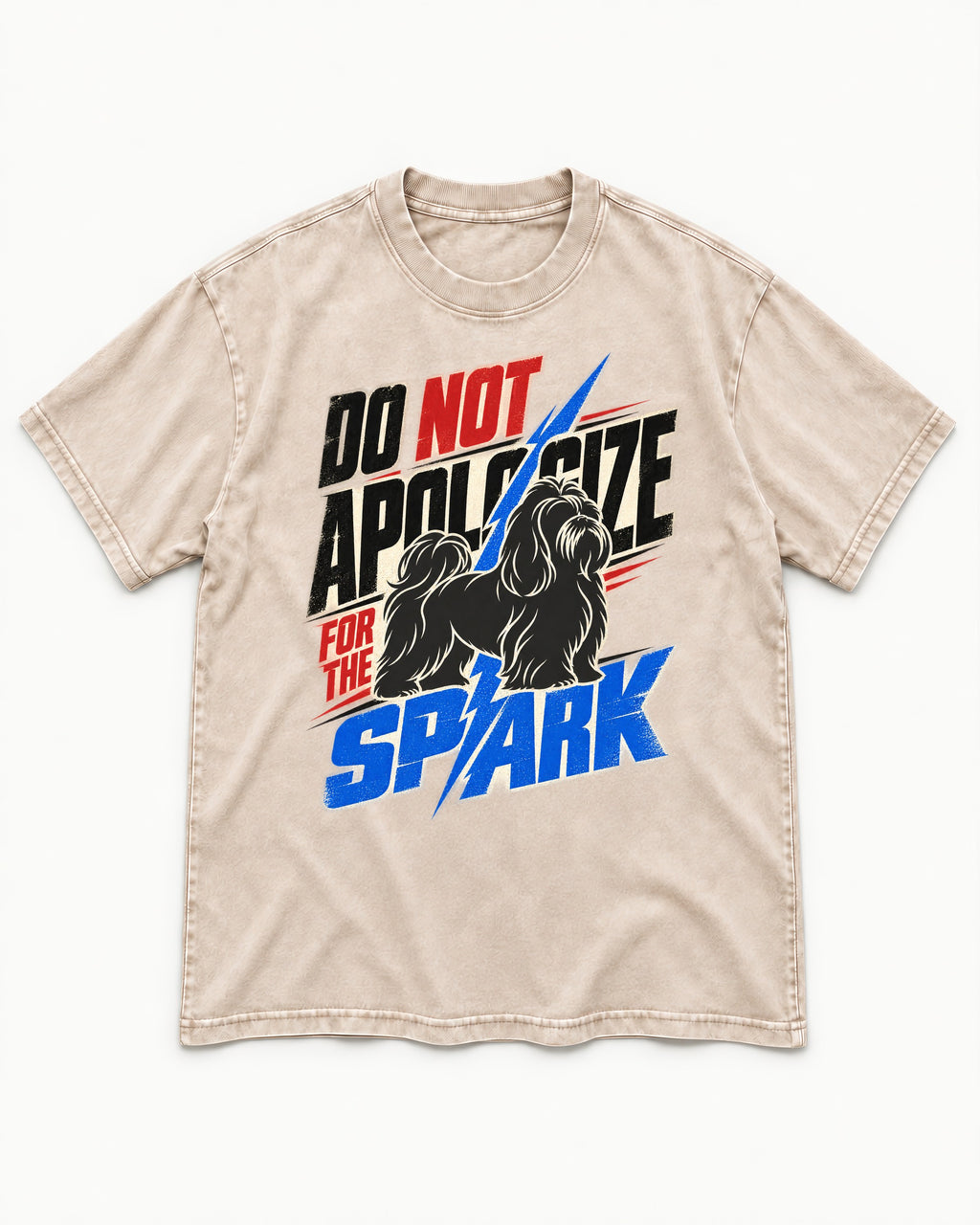Never Apologize for Shih Tzu Spark Washed Tee in Apricot, flat lay product photo