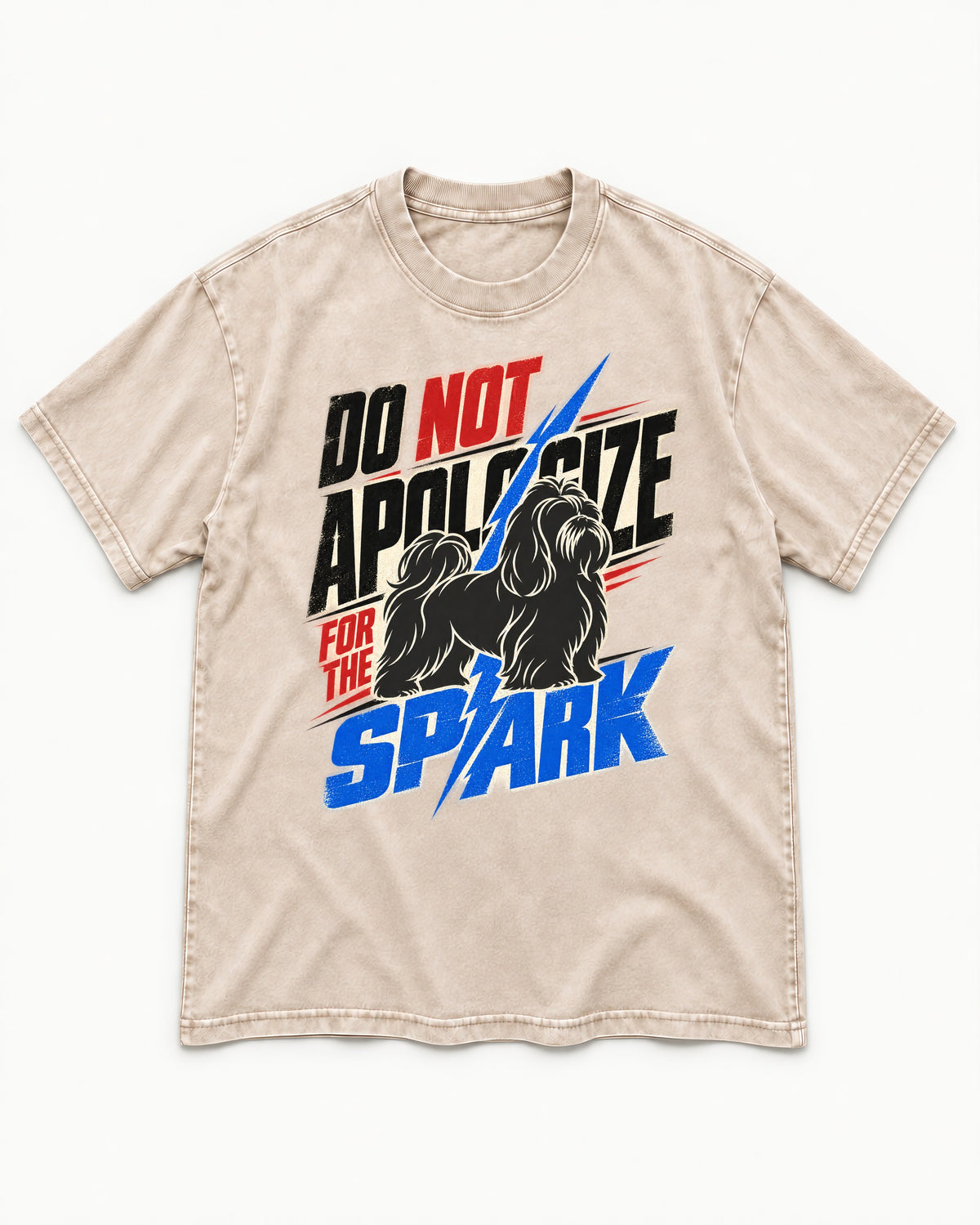 Never Apologize for Shih Tzu Spark Washed Tee in Apricot, flat lay product photo