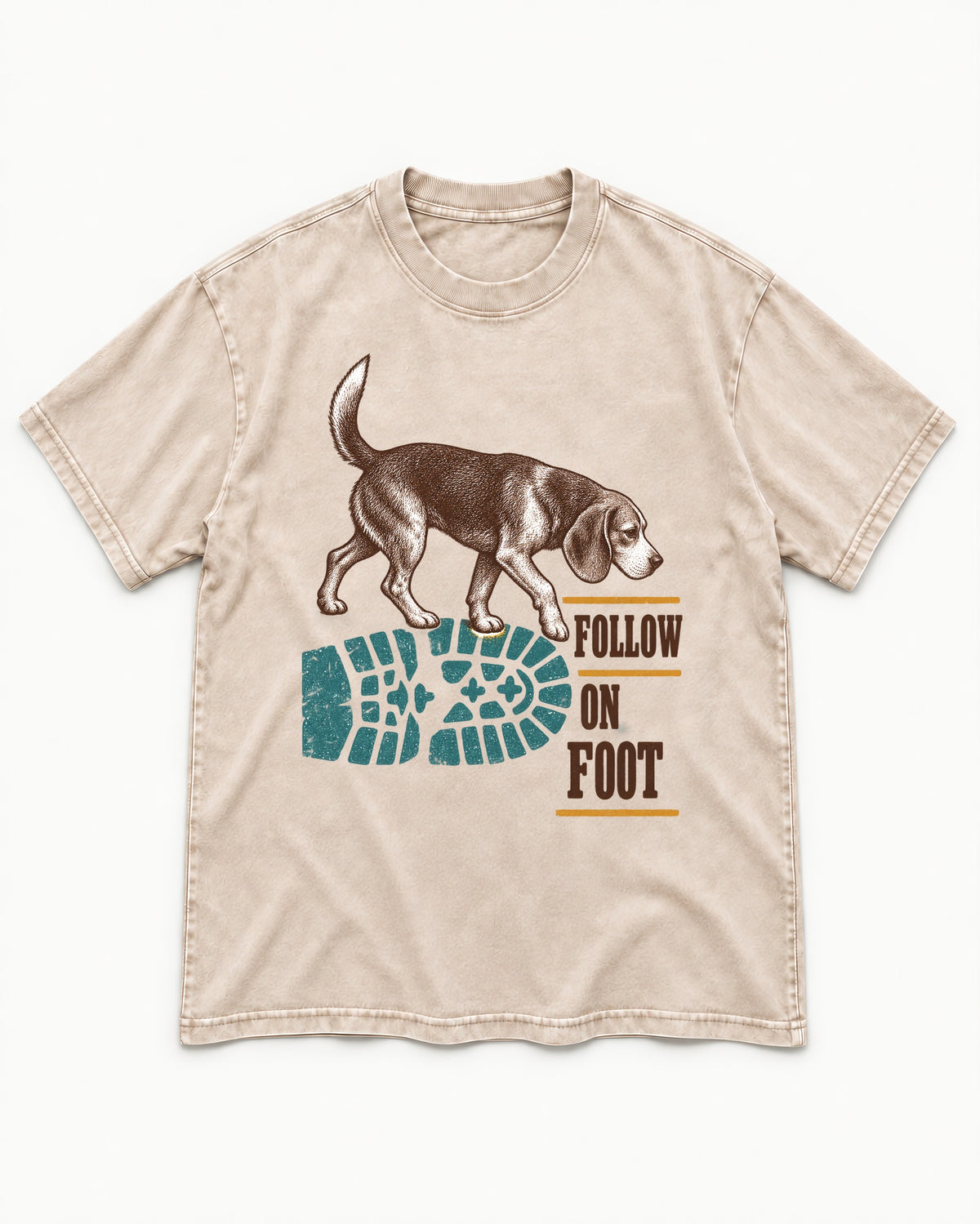 Follow the Beagle on Foot Washed Tee in Apricot, flat lay product photo