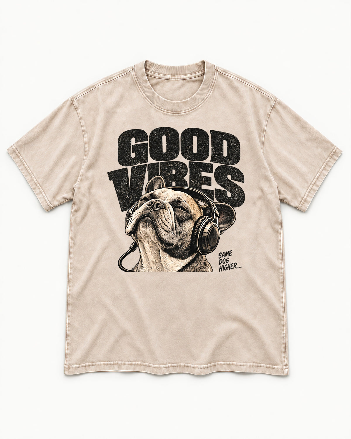 Frenchie Good Vibes Washed Tee in Apricot, flat lay product photo